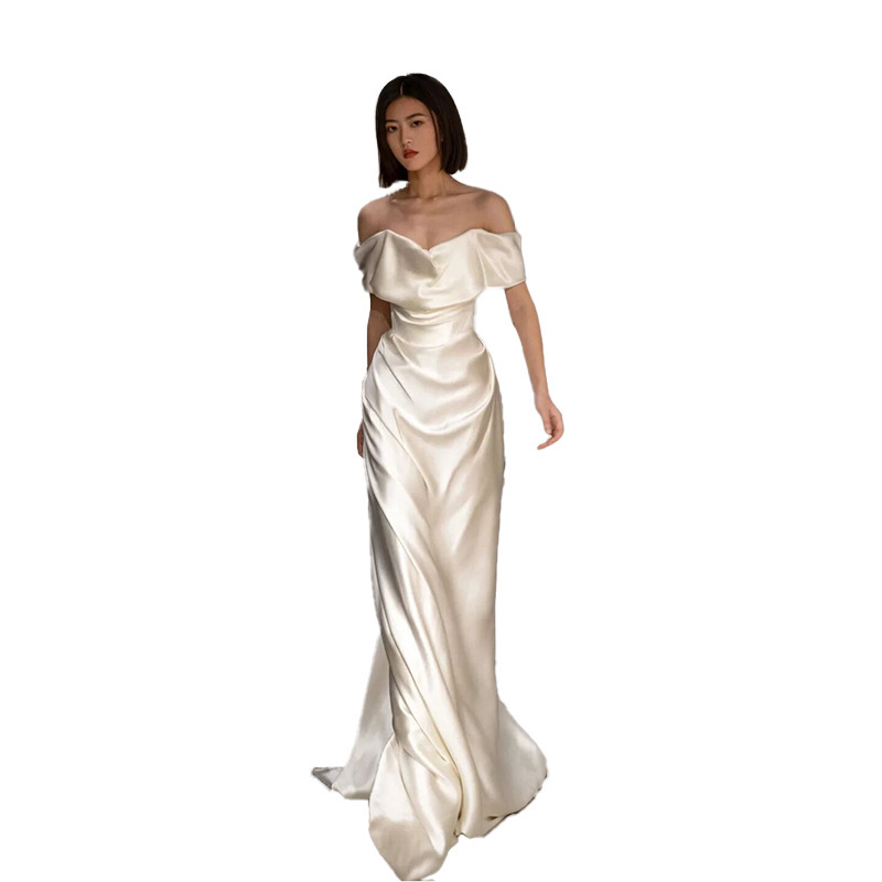 Flattering French White Off-Shoulder Wedding Dress with High Waist Flattering French White Off-Shoulder Wedding Dress with High Waist