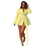 Solid-color Wide-shoulder Lace-up Waist-defined Long-sleeve Blazer