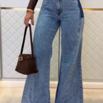 Light Blue High-Waisted Flared Jeans with Patchwork Details