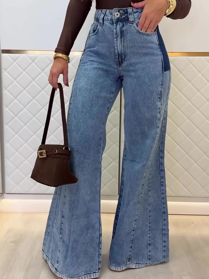 Light Blue High-Waisted Flared Jeans with Patchwork Details