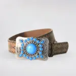 Vintage Embossed Alloy Buckle Belt with Blue Turquoise Accent