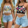 Women's Mixed-Color Patchwork Lace-Up Bikini Crop Top