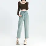 High-Waist Cropped Denim Baggy Pants for Women - Light Blue