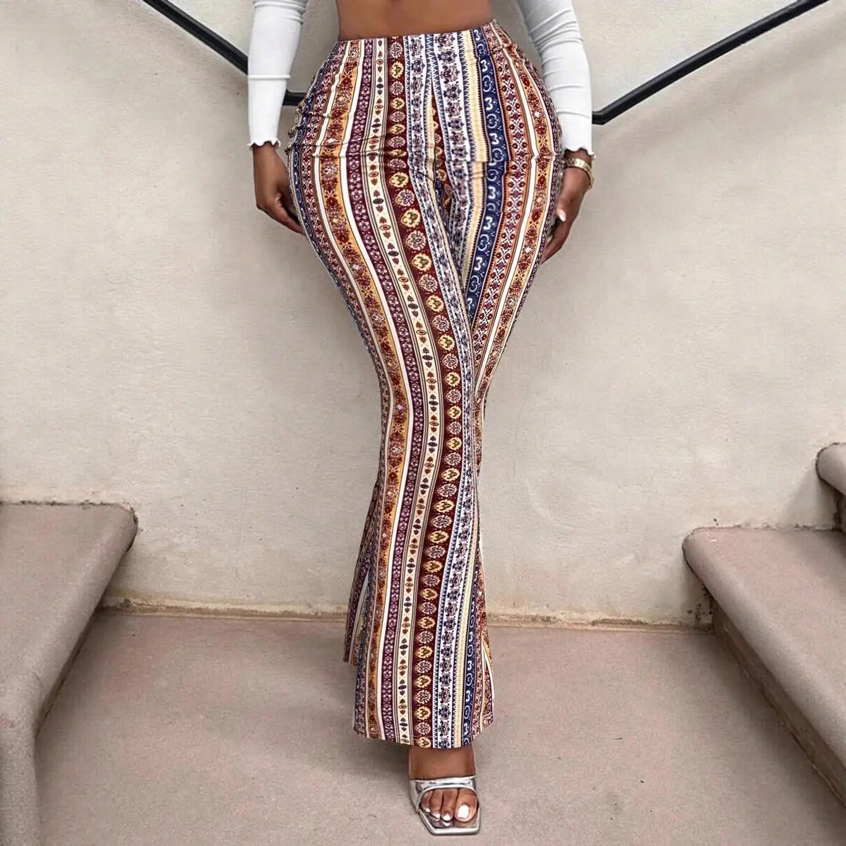 Elastic Waist Flared Pants for Women, Printed Stripes Elastic Waist Flared Pants for Women, Printed Stripes