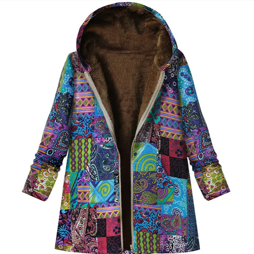 Retro Warm Printed Pocket Thick Zippered Hooded Coat Retro Warm Printed Pocket Thick Zippered Hooded Coat