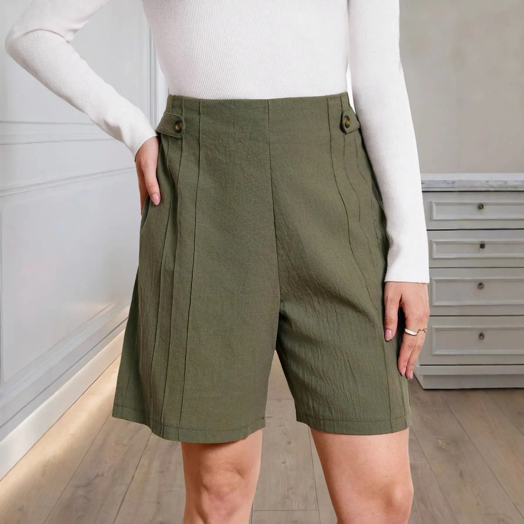 Breathable Linen Blend Mid-Waist Button Shorts for Women