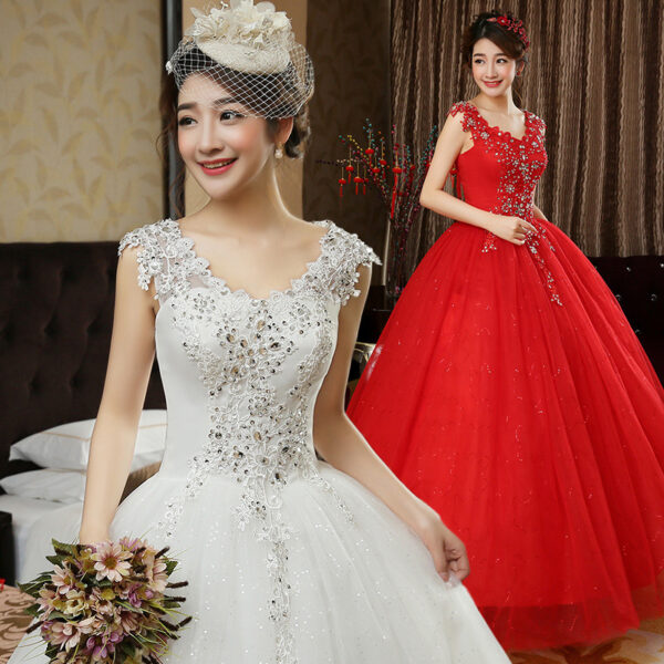 Double-Shoulder Lace Bridal Wedding Dress in Red & White Double-Shoulder Lace Bridal Wedding Dress in Red & White