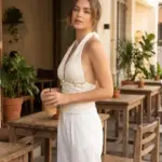 Women's Summer Fashion Beach Vacation Starfish Shell Ribbon Decorative Knitted Texture Fabric Halter Neck Strap Top