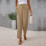 30d3fe9d-3f32-4bb4-b737-85d15f537d8f.webp Elasticated Waist Khaki Pleated Straight-Leg Trousers