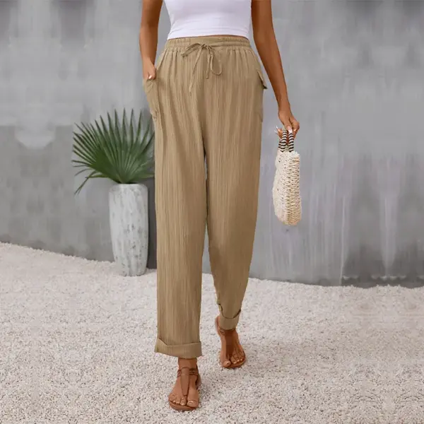 Elasticated Waist Khaki Pleated Straight-Leg Trousers Elasticated Waist Khaki Pleated Straight-Leg Trousers