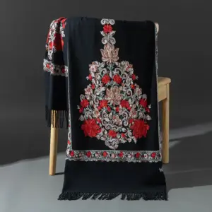 Warmth-Keeping Ethnic Embroidered Faux Cashmere Shawl, 70 x200 cm