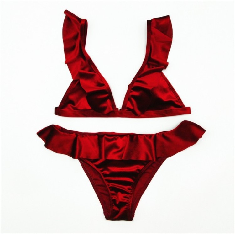 Support-Free Velvet Ruffle Bikini Set with Removable Pads