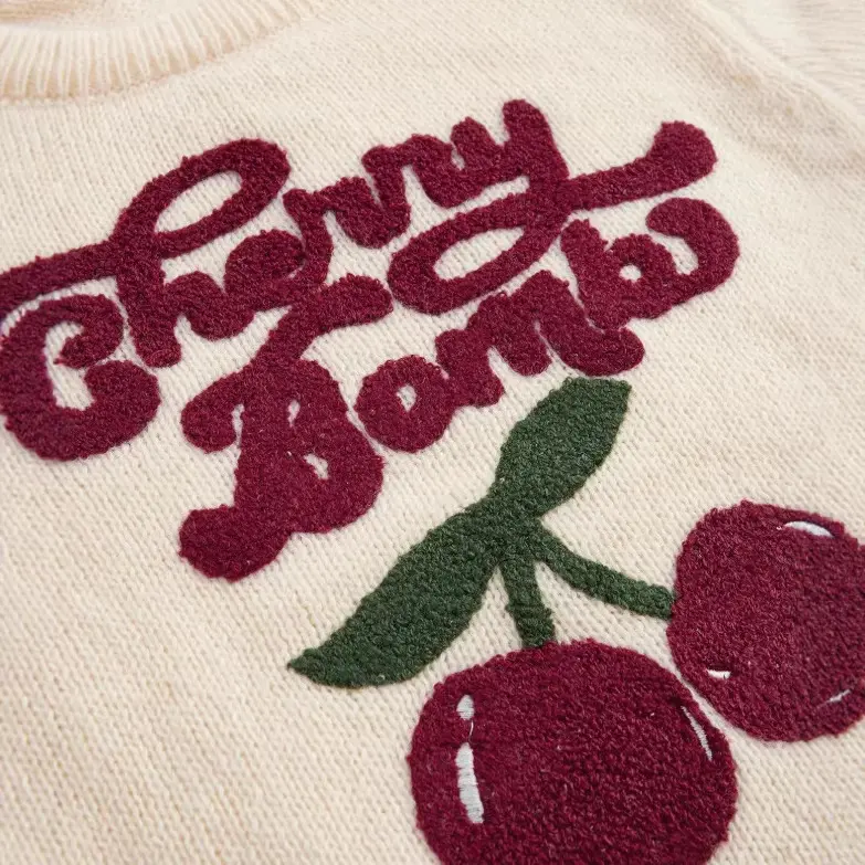 Cherry Knitted Sweater Crew Neck, Loose-fit Top Cherry Knitted Sweater Crew Neck, Loose-fit Top