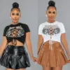 Printed Short Sleeve Women Skirt Suit Set, Mini Leather-look Printed Short Sleeve Women Skirt Suit Set, Mini Leather-look