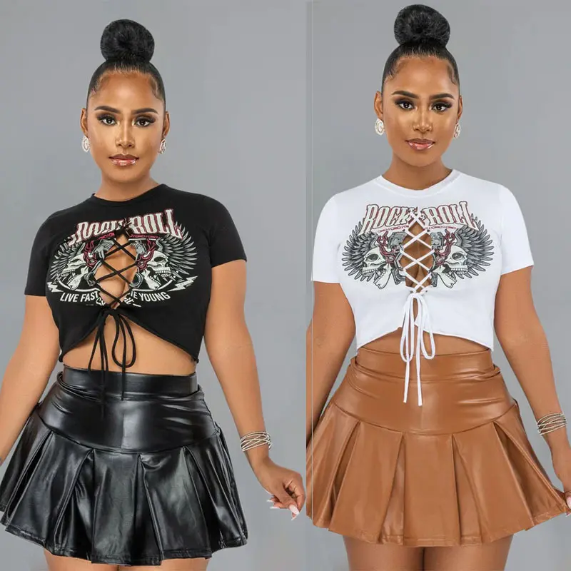 Printed Short Sleeve Women Skirt Suit Set, Mini Leather-look