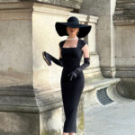 Stretchy Black Square Neck Hip Wrap Midi Dress with Gloves