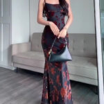 3203b6d4-b4b1-49ac-b690-c3039822c6fd.jpg Black Flocked Strappy Maxi Dress Slim Fit with Elastic Comfort