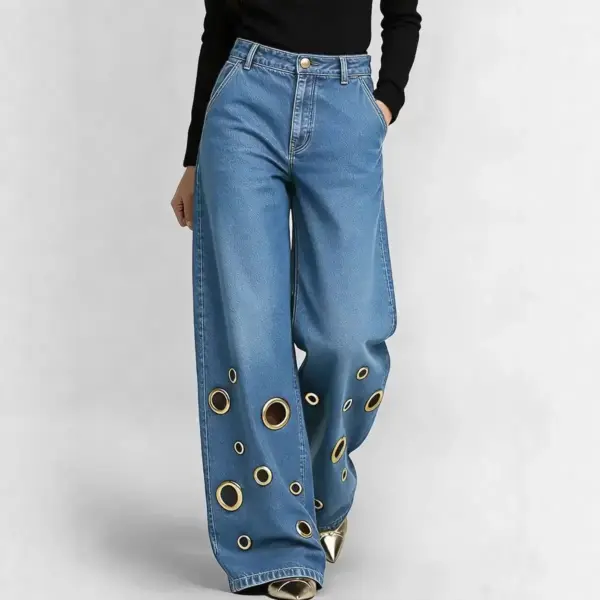 High-waisted Loose-fit Denim Jeans With Cutout Detailing And Metal Eyelets