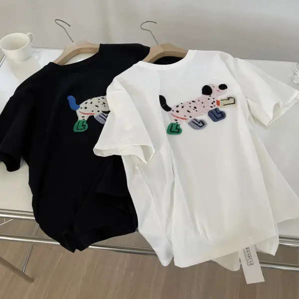 Heavy-duty 3D Embroidered Puppy Crewneck Short-sleeve Womens Top