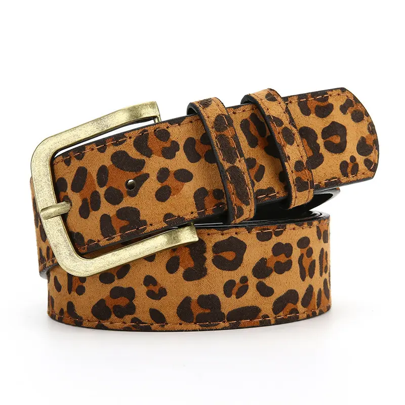 Leopard Print Belt with Alloy Pin Buckle, Camel 3.6 cm