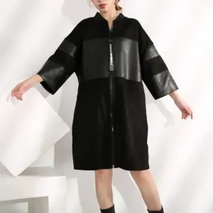 Sleek Black PU Leather Trench Coat for Women, 3/4 Sleeve