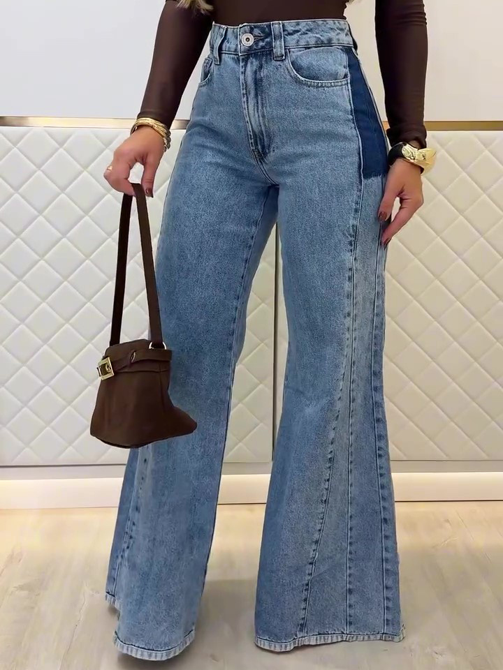 Light Blue High-Waisted Flared Jeans with Patchwork Details