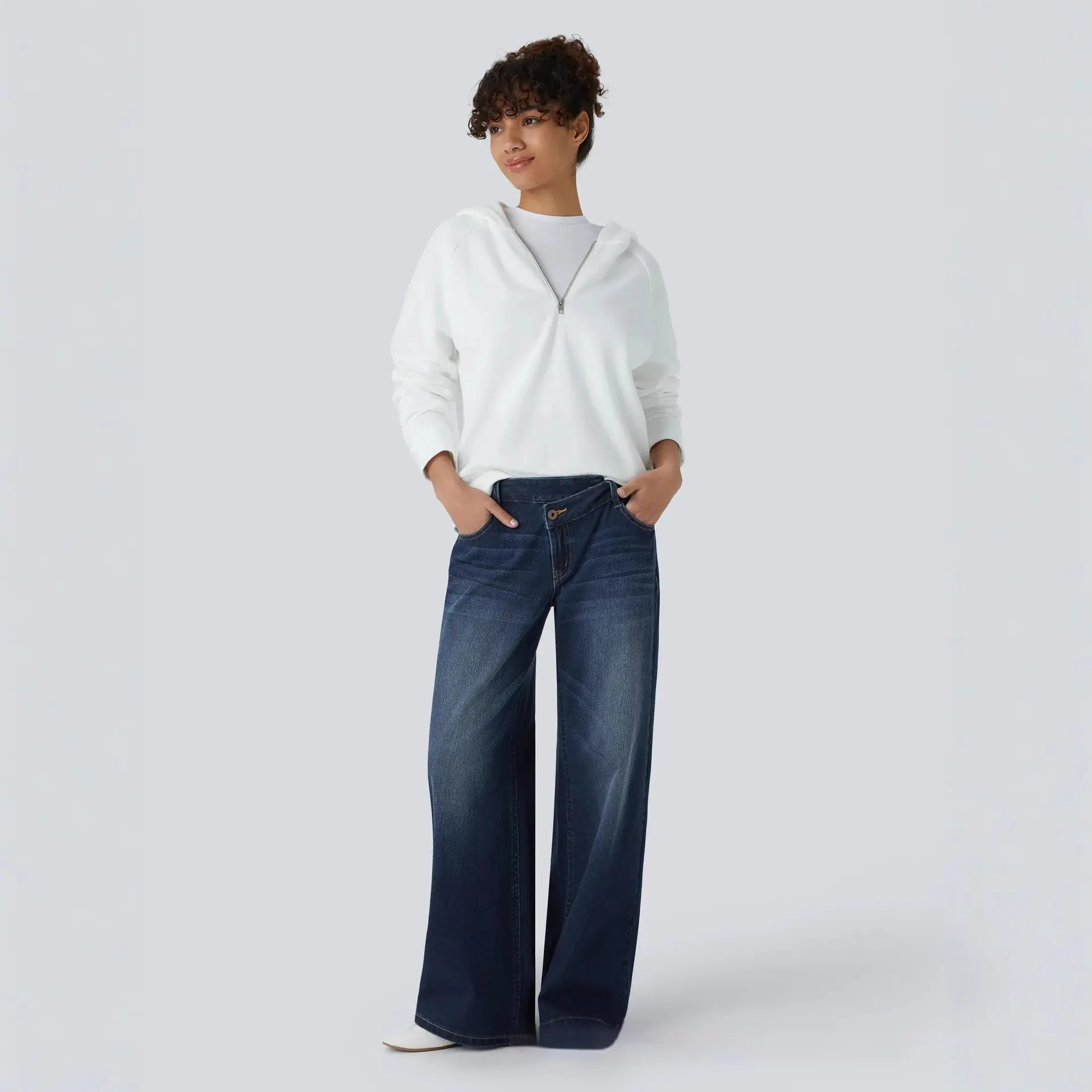 Washed Asymmetric Low-Rise Loose-Fit Denim Jeans for Women