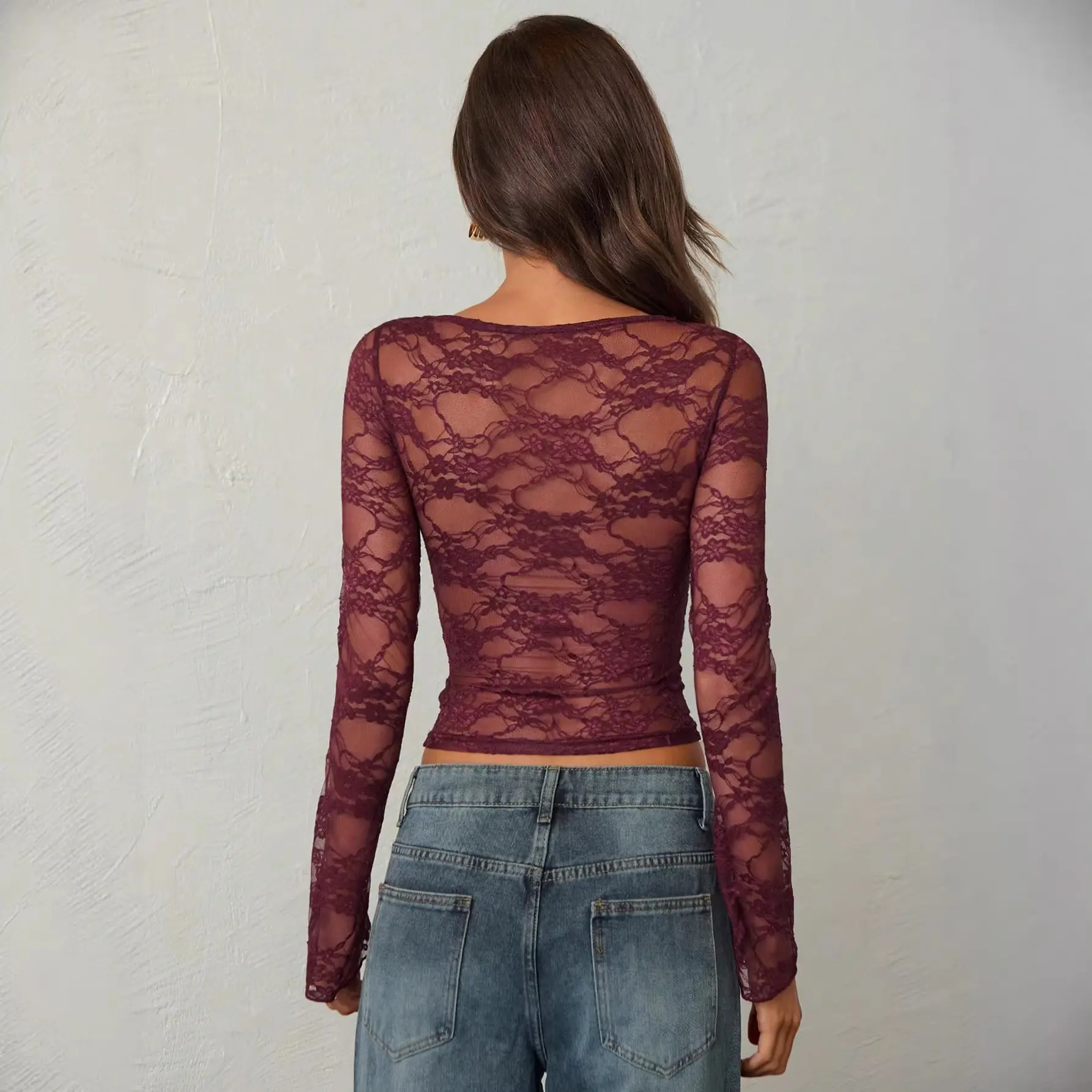 Women's Lace Sheer Long-Sleeve Top