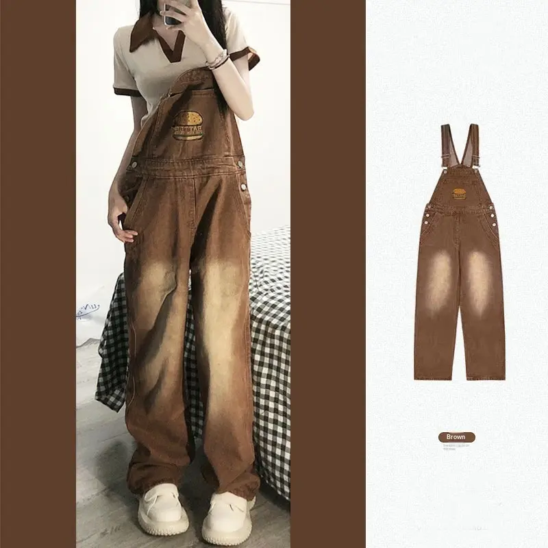 High-Waist Denim Suspender Pants with Burger Embroidery High-Waist Denim Suspender Pants with Burger Embroidery