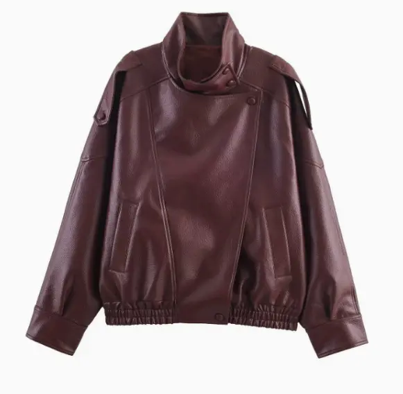 Women’s Faux Leather Jacket Stand-Up Collar Pockets