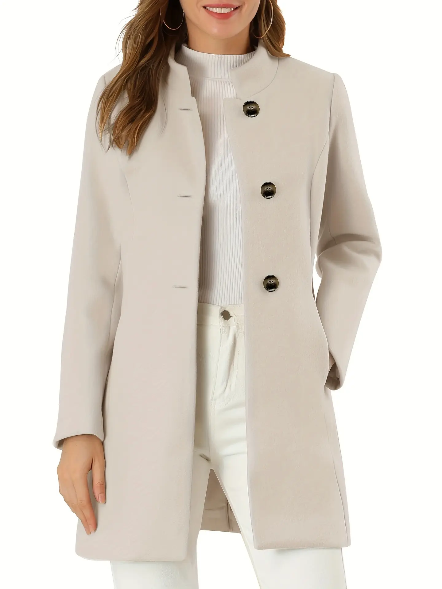 Warm Beige Wool-Blend Women’s Coat for Autumn Winter
