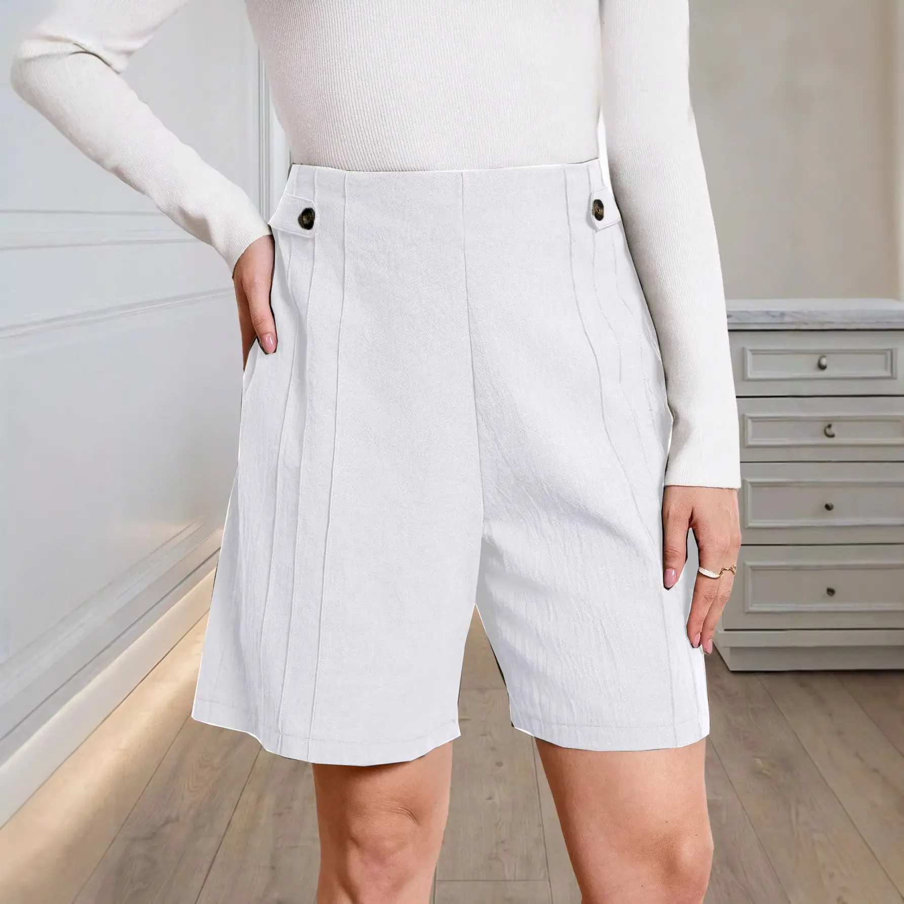 Breathable Linen Blend Mid-Waist Button Shorts for Women
