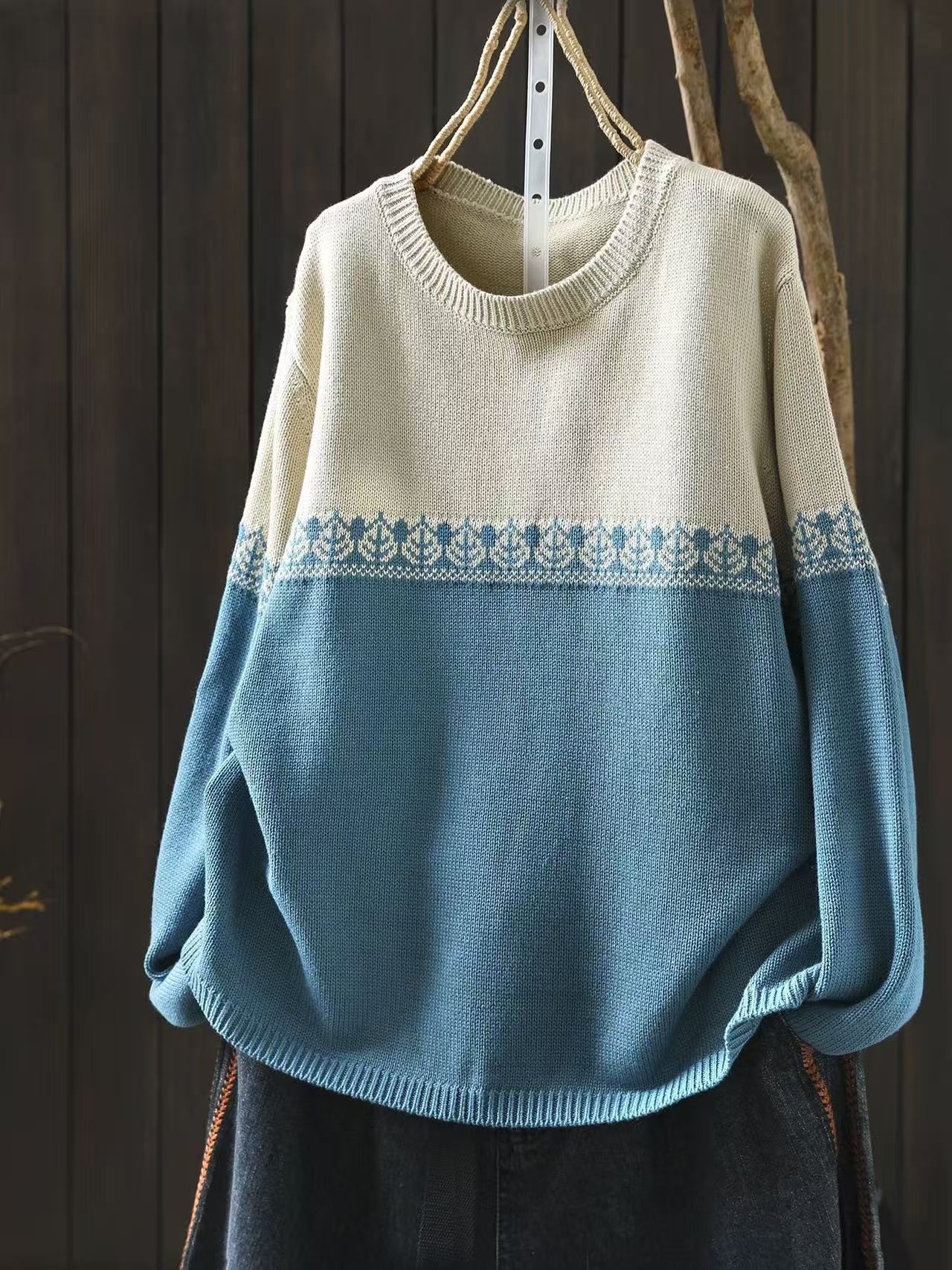 Loose Fit Preppy Crew-Neck Cotton Knit Sweater - Color Block