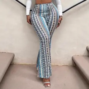 Elastic Waist Flared Pants for Women, Printed Stripes