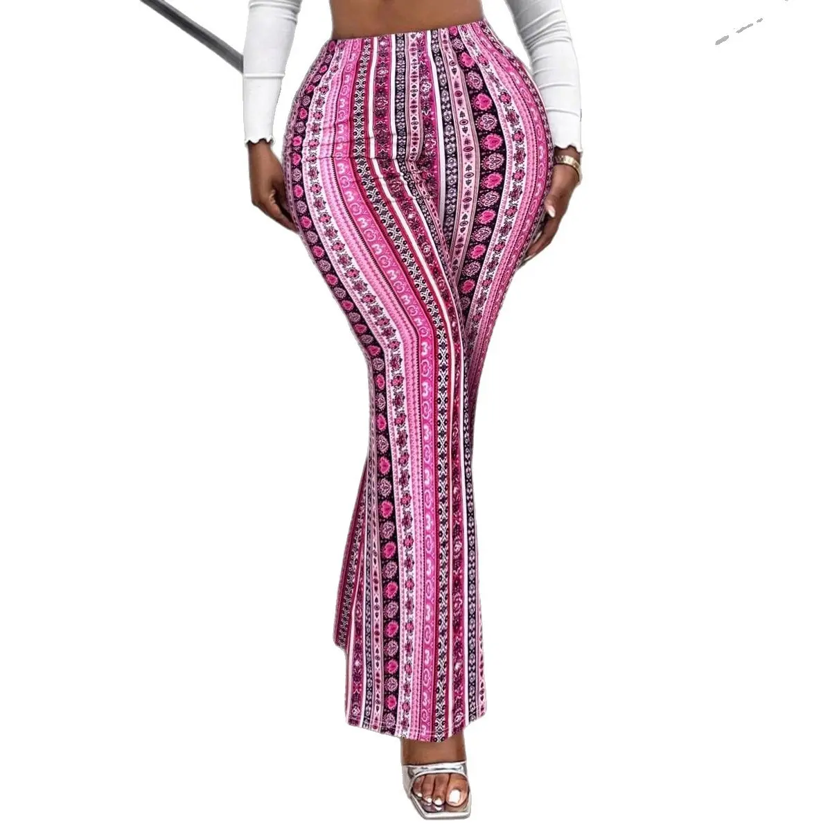 Elastic Waist Flared Pants for Women, Printed Stripes Elastic Waist Flared Pants for Women, Printed Stripes