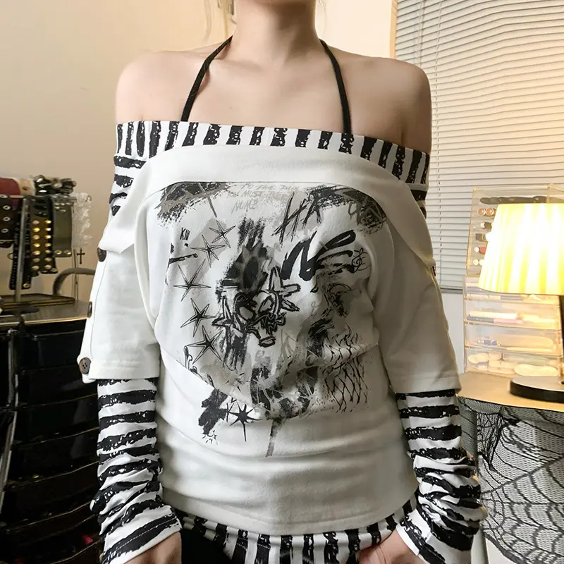 Off-Shoulder Y2 K Striped Contrast Polyester Top for Women
