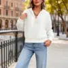 Contrast Trim Zipper Hooded Sweatshirt for Women - Half-Zip