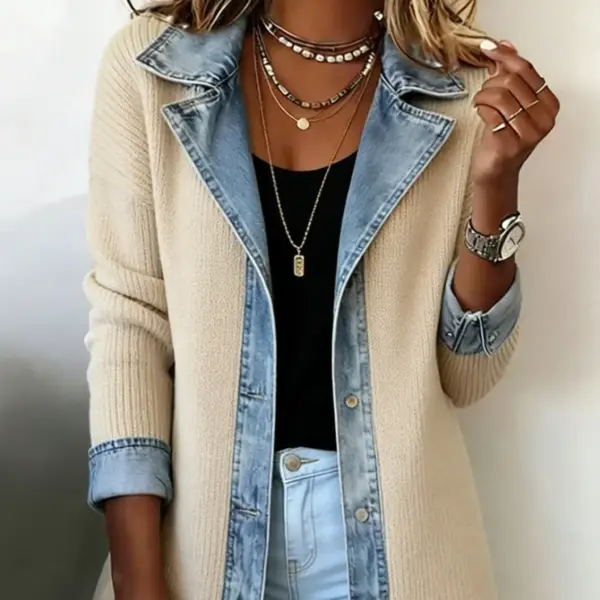 Structured Suit Collar Patchwork Denim Coat for Women