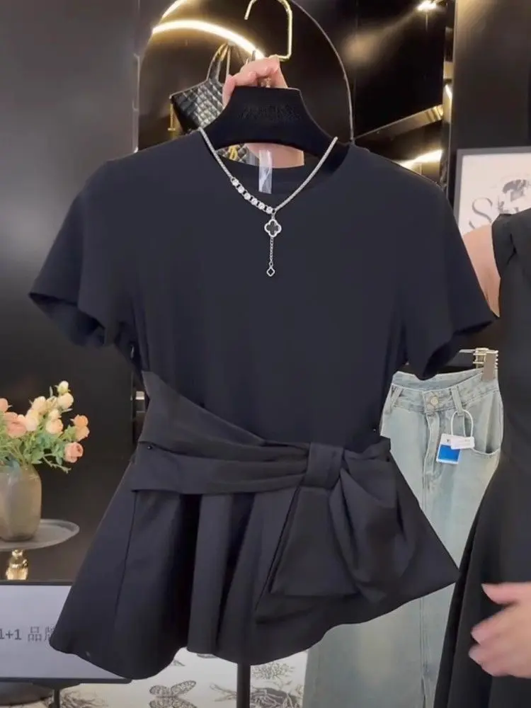 Waist-cinching Slim Fit Bow Detail Short Sleeve T-Shirt