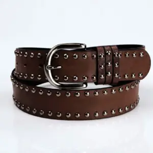 Womens Soft-leather Belt With Pin Buckle And Decorative Rivets