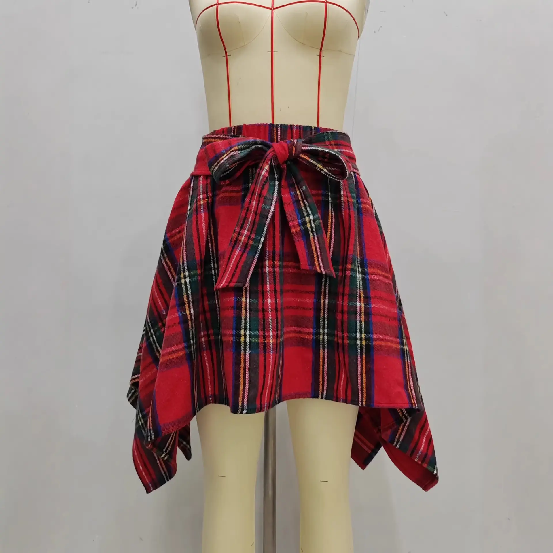 Red Plaid Asymmetrical Hem Mini Skirt with Bow Red Plaid Asymmetrical Hem Mini Skirt with Bow