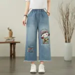 Butterfly Embroidered Loose-Fit Cotton Denim Jeans for Women