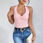 Summer New Halter Neck Twisted Deep V-Neck Sleeveless Womens Top