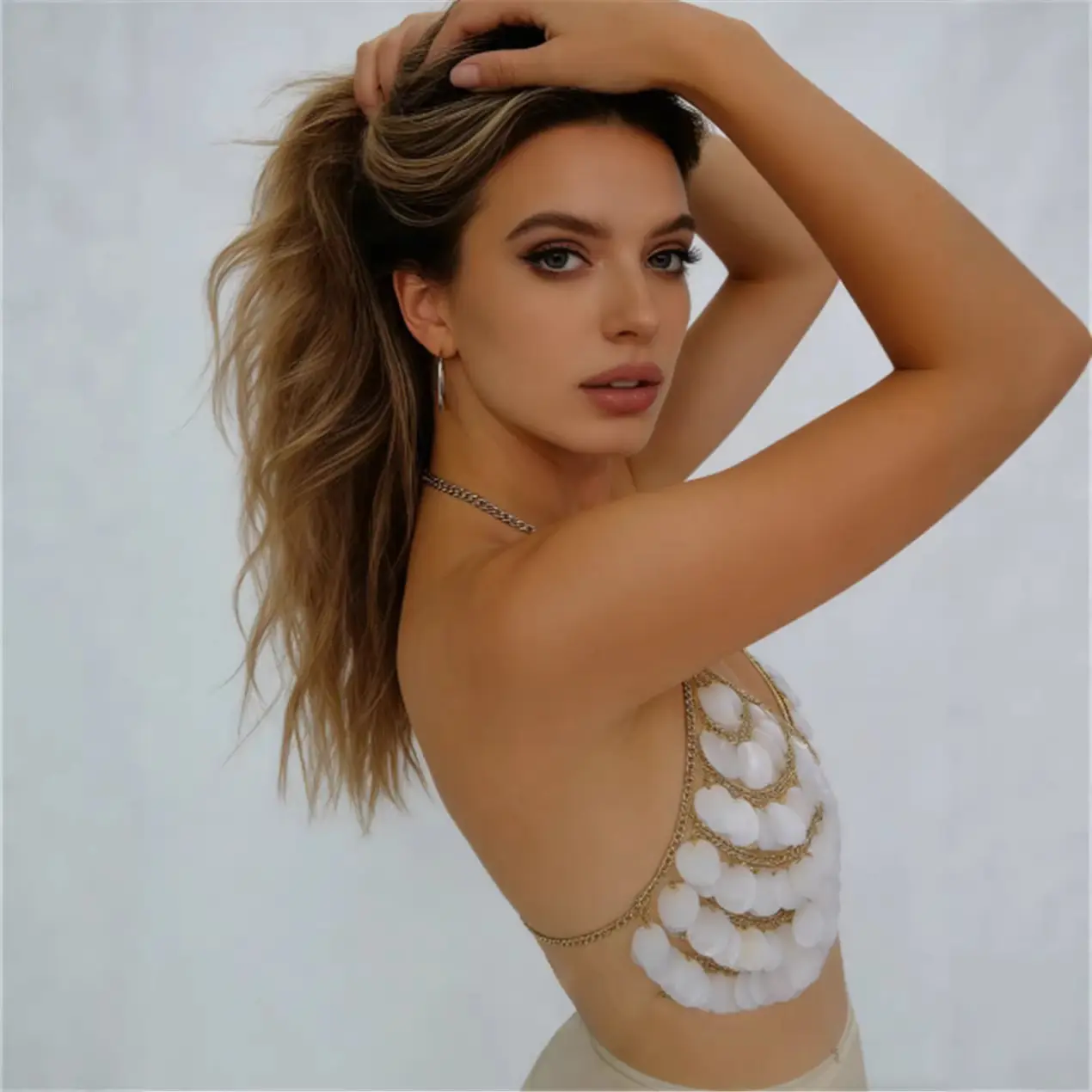 Sequin Halter Body Chain Top for Slim Fit, White