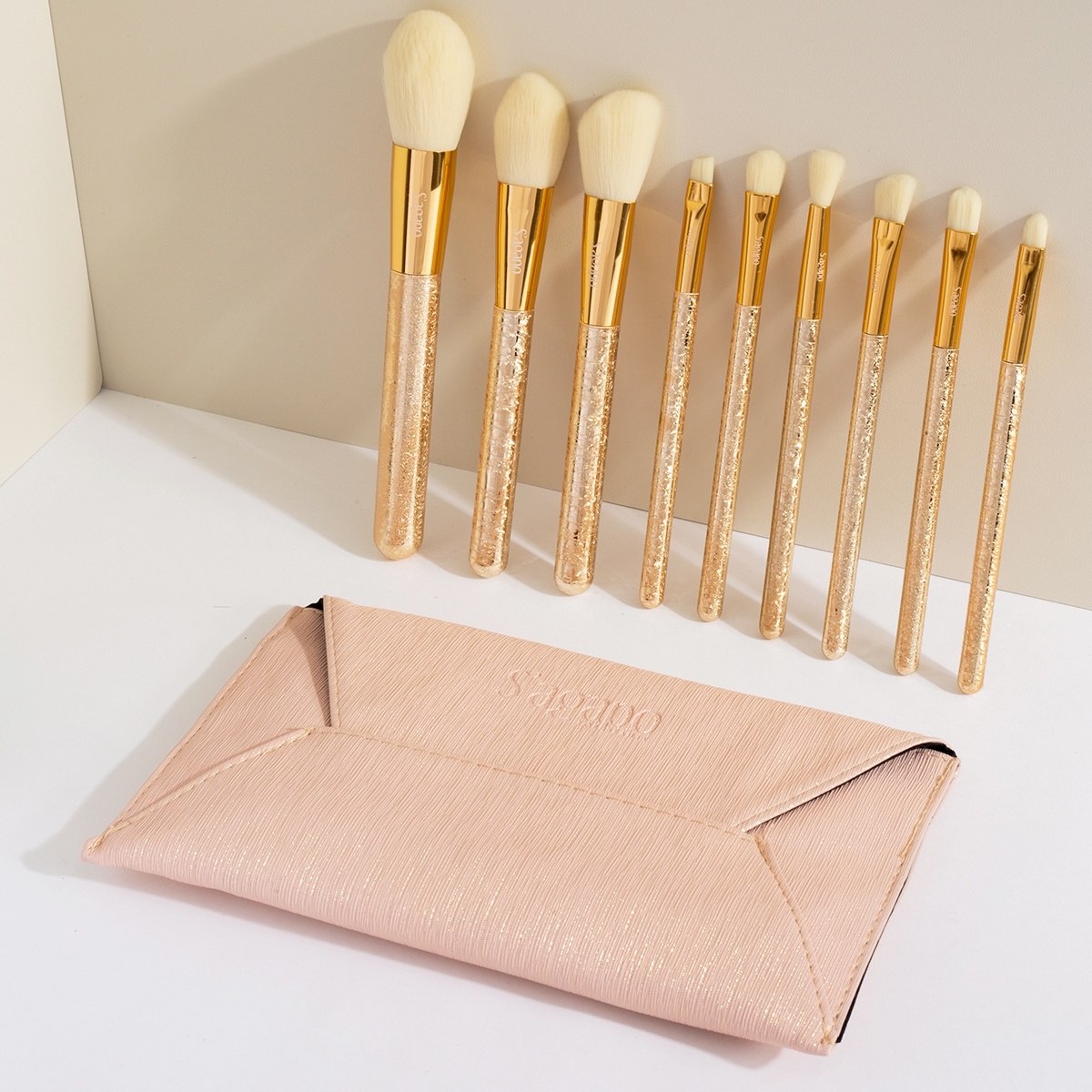 Snowflake Cosmetic Brush-Gold-Plastic Handle + Fiber Hair-9-piece Set-1 Set