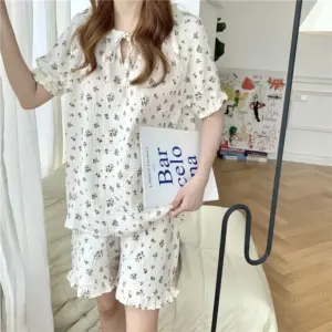 Comfortable Cotton Lace Floral Short Sleeve Pajamas