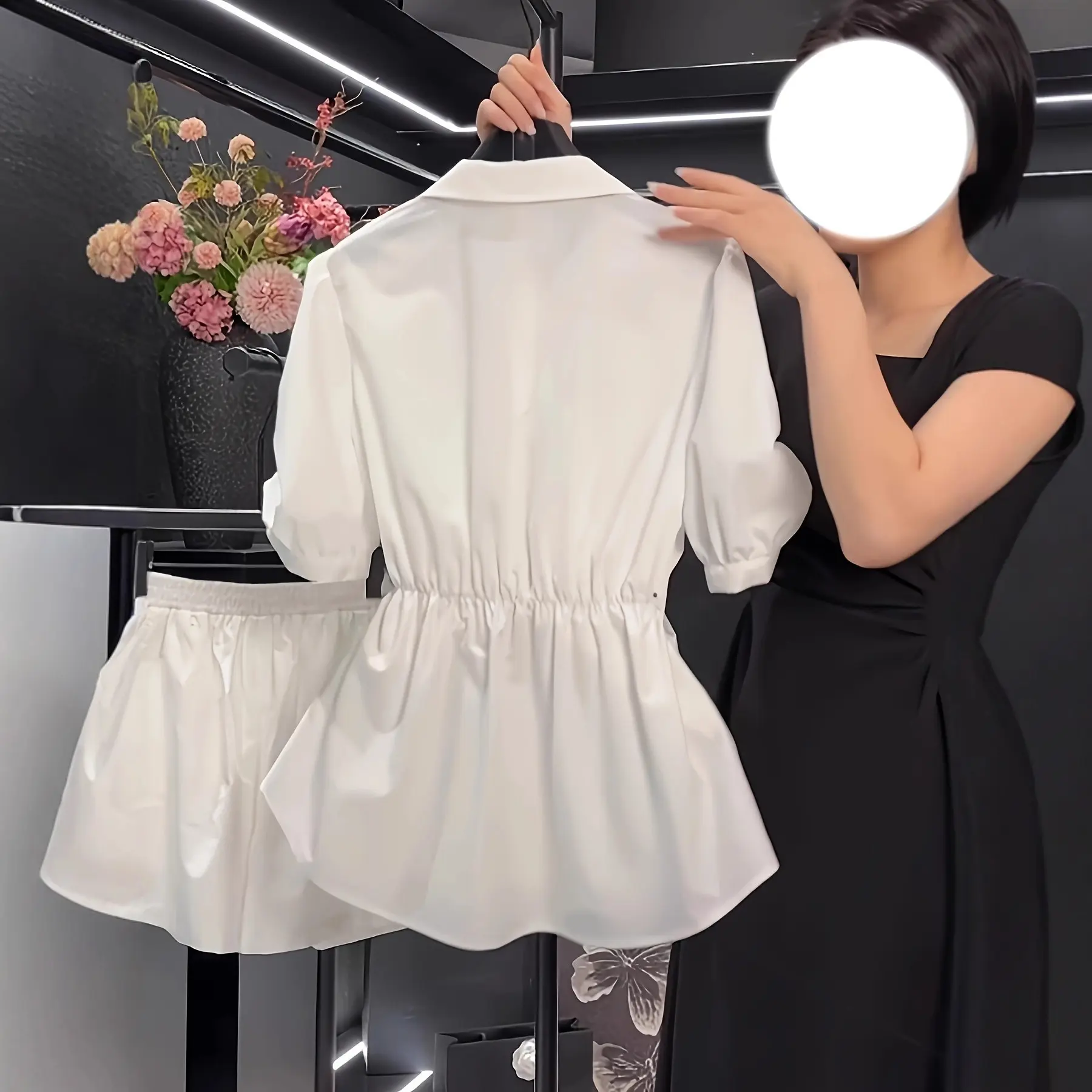 Short-sleeve Top Petite Shirt Fitted-waist Blouse