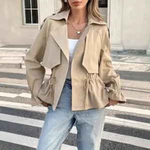 Drawstring-Waist Khaki Coat for Petite Frames, Relaxed Fit