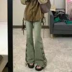 Stretchy Retro Green Wide-Leg Denim Pants for Women