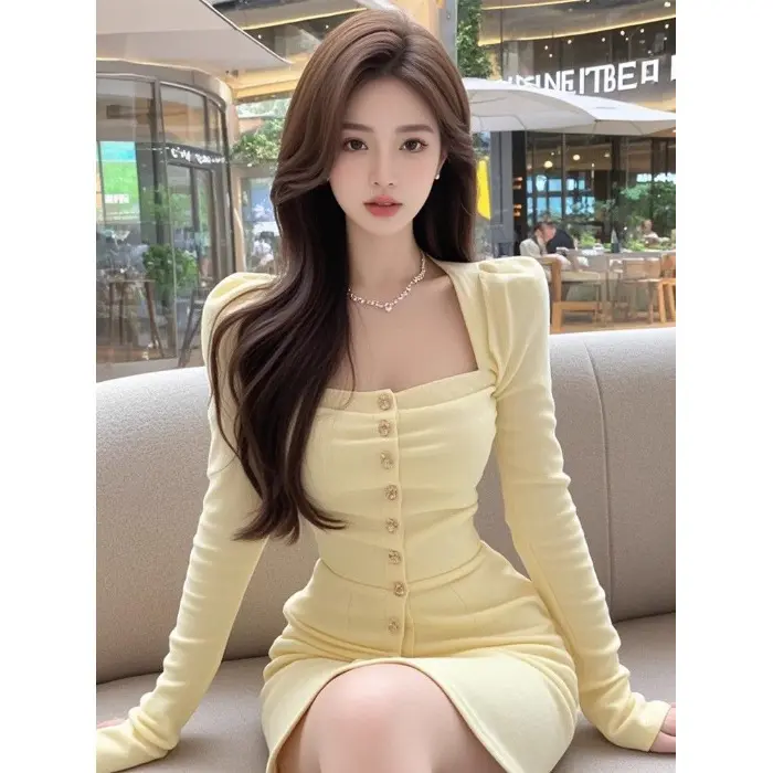 Yellow Mesh Square Neck Long Sleeve Dress with Hood